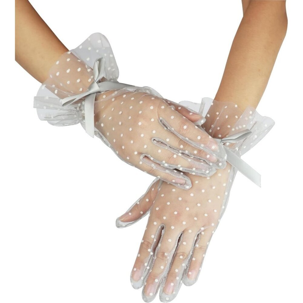 Women's Evening Silver Bow Short Lace Gloves Ruffles Wedding Party Accessories